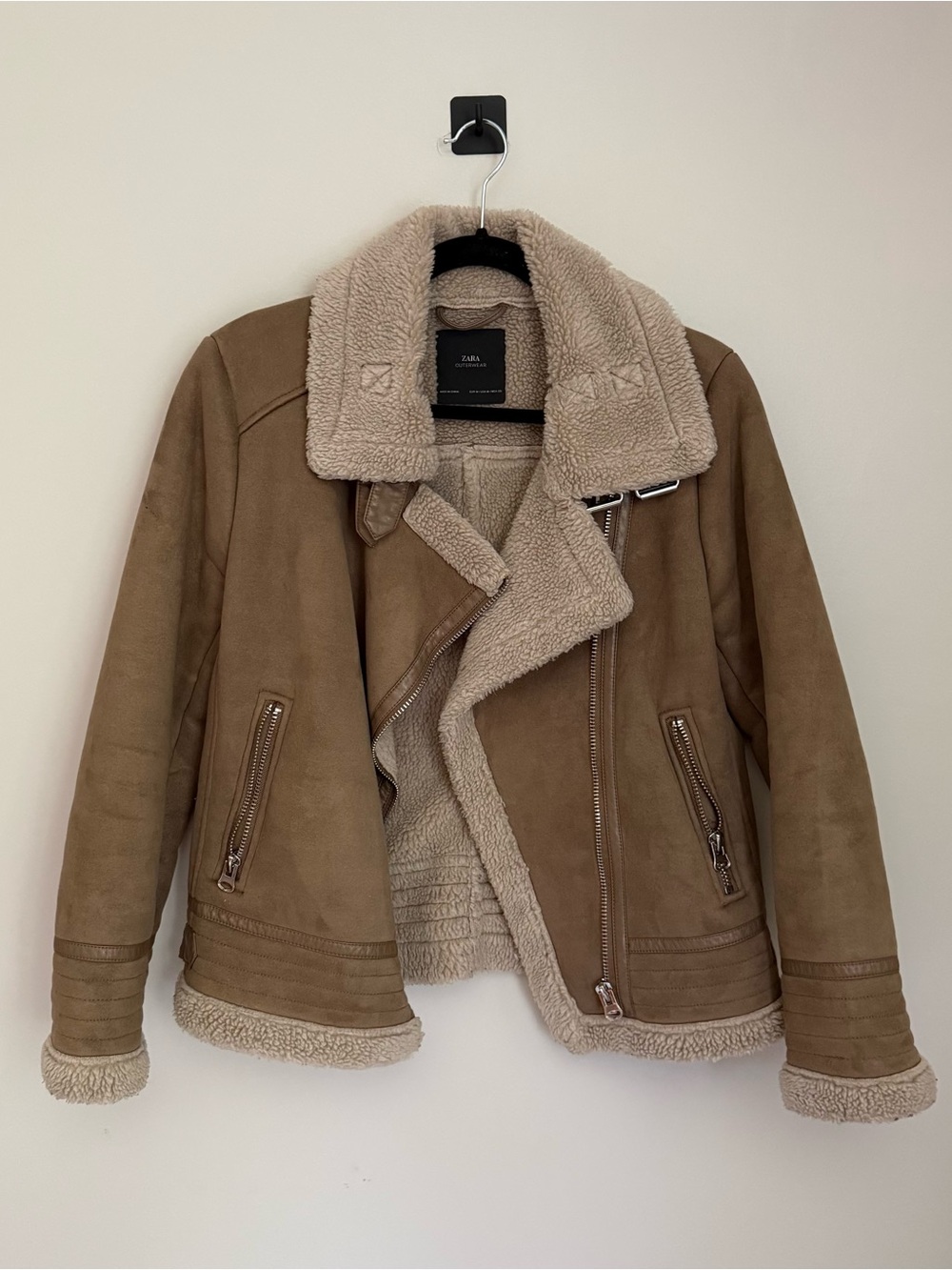 Zara Faux Shearling Moto Jacket Camel Tan Size M